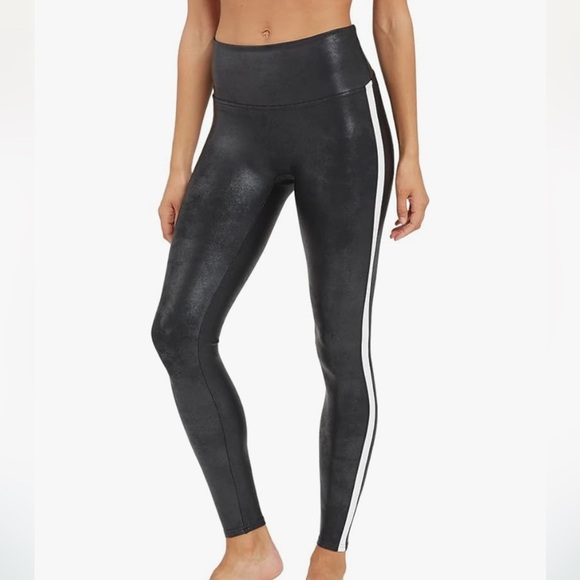 NWT SPANX Black Shiny Leggings with White Stripe! - Picture 9 of 9